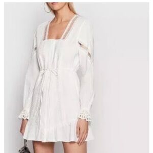 NWT $345 The Kooples Laser cut White Lace-Trim Square Neck cotton Mini Dress